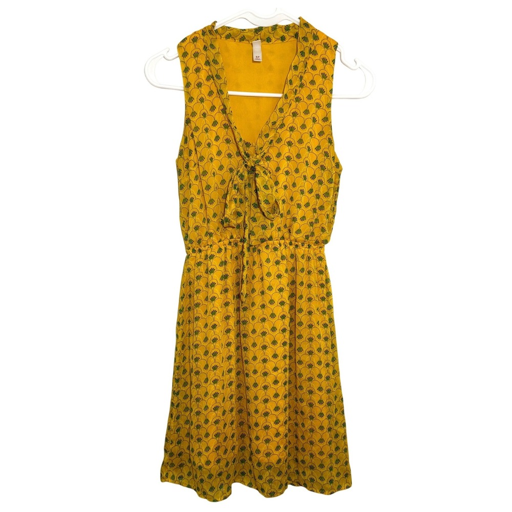 Xhilaration Sleeveless Dress Yellow Green Fan Print Women Small Boho Retro Mini